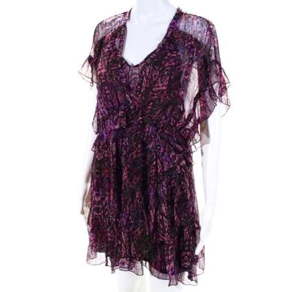 IRO Gilio Dress Size 4 Black Pink Purple Abstract Print Ruffle - Picture 1 of 11